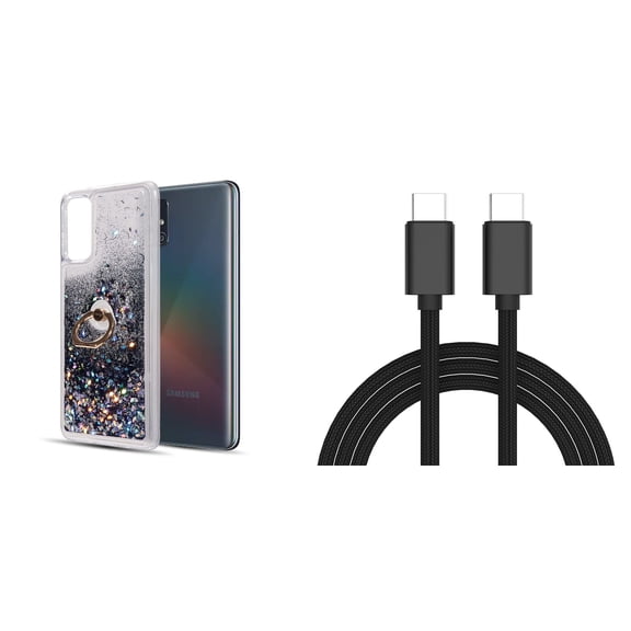 Bemz Waterfall Samsung Galaxy S20 FE 5G (Fan Edition) Case Bundle: Liquid Quicksand Glitter Ring Holder Stand Cover with PD Fast Charging USB-C to USB-C Charger Cable (3 Feet) - Black