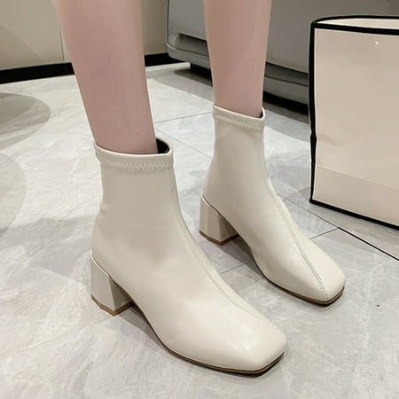 

eczipvz Womens Shoes Boots for Women Fashion Women Artificial Leather Solid Color Autumn Thick Sole Square Heels Slip On Mid Mid Calf Dress for Women Casual White-7