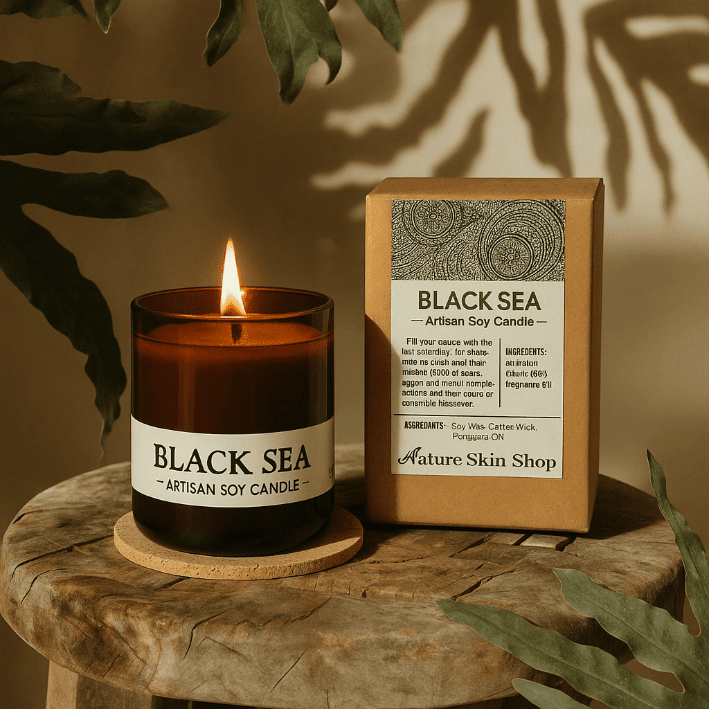 Nature Skin Shop Black Sea Soy Candle – Clean-Burning Cotton Wick Candle with Deep Ocean & Amber Notes – 8 oz Jar – Modern Botanical Home Fragrance