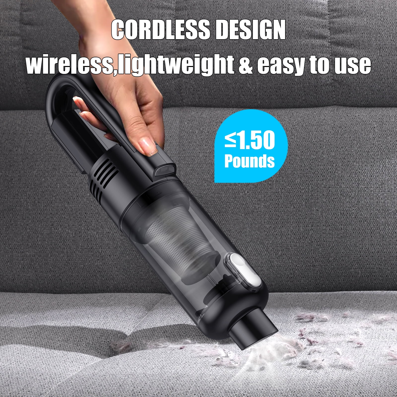 Hioha SV01-Black Cordless Handheld Car Vacuum Cleaner - 9500Pa - LED Display - HEPA Filter - Black