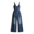 thumbnail image 6 of Karymi Pants for Women Sleeveless V Neck Denim Jumpsuit, Elastic Gathered Waist Button Front Wide Leg Overalls, Cargo Pocket One Piece Outfit Capri Pants for Women, 6 of 7