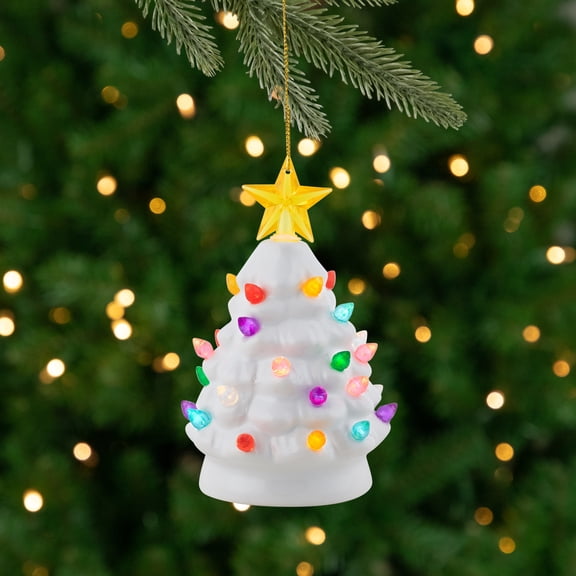 Mini LED Lighted Retro Christmas Tree with Gold Star Ornament - 5.25" - White