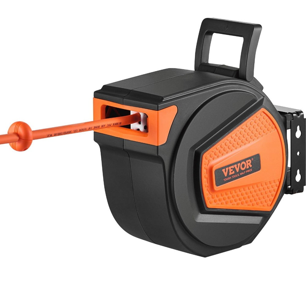 Air Compressor Hose Reel Enclosed Wall/Ceiling Mount with 180° Swivel - 3/8" x 50ft Hybrid Hose, 300 PSI, 5ft Lead-in