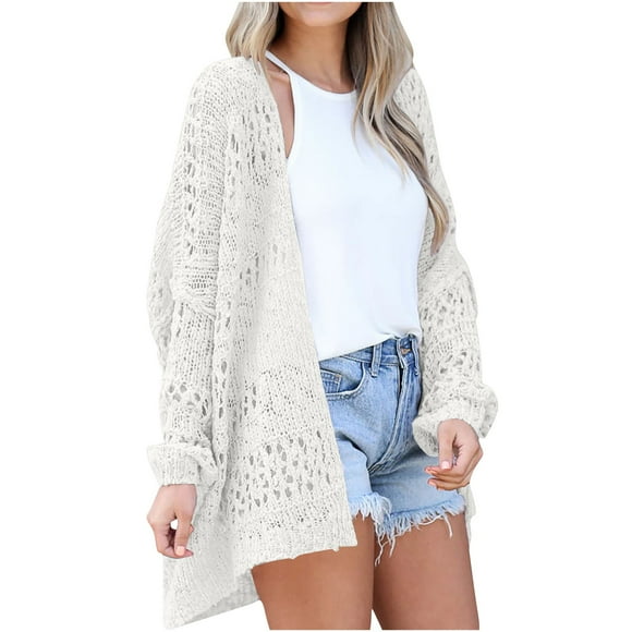 Posijego Women's Crochet Cardigan Sweaters Long Sleeve Hollow out Knit Open Front Fall Winter Outerwear