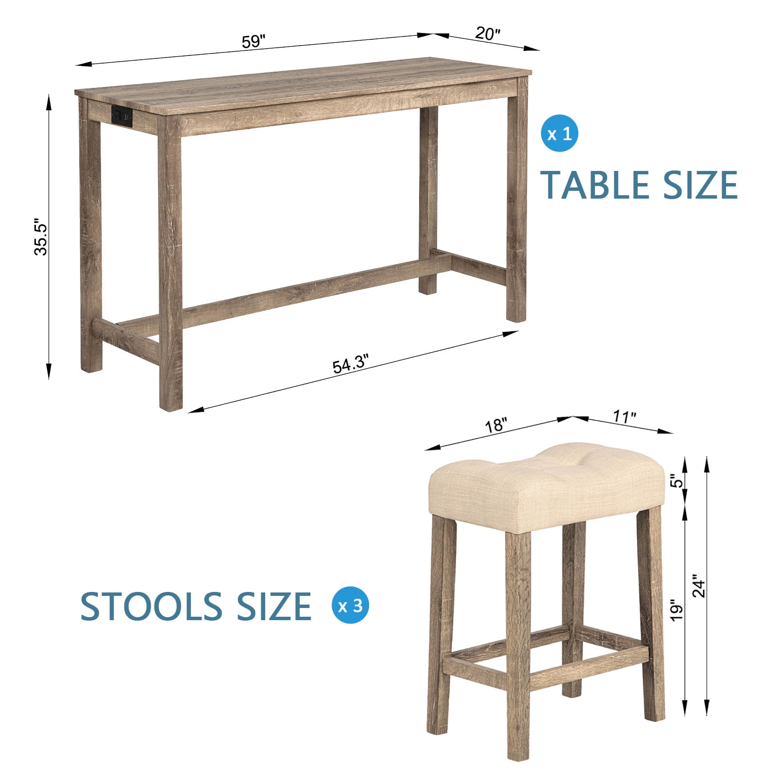Aukfa 4 Piece Bar Table Set with Power Outlet, Breakfast Table with 3 Padded Stools, Dining Table and Chairs Set for Living Room, Dining Room, Brown