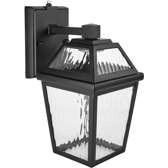 Maxxima LED Porch Lantern Outdoor Wall Light, Black w/ Clear Water Glass, Dusk to Dawn Sensor, 600 Lumens, 3000K Warm White