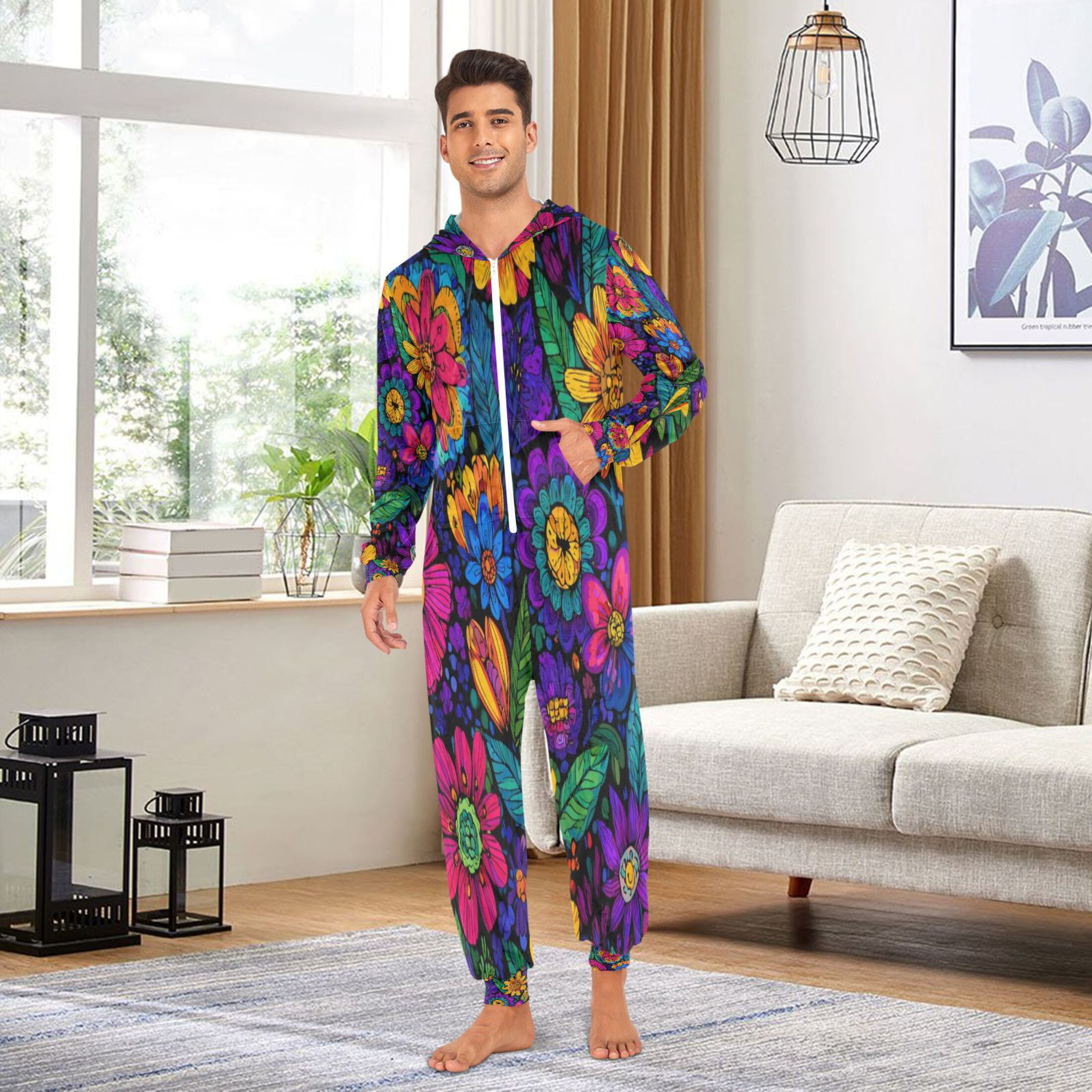 1-Pack Onesie Jumpsuits For Men&Women Winter One Piece Zipper Pajamas Playsuit Brightly Colored Wildflowers
