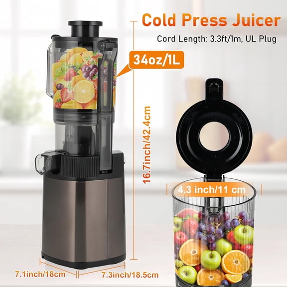 Cold Press Juicer - 34oz Slow Masticating Juicer with Wide Feed Chute for Fruits and Vegetables