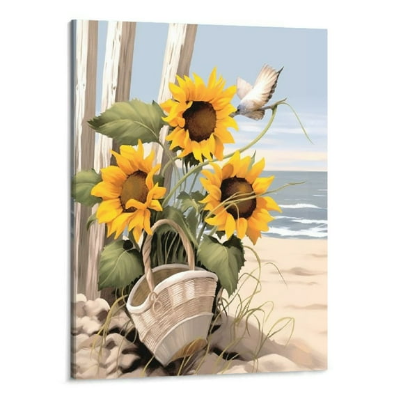 JRXY Framed Vintage Sunflower Wall Decor, Rustic Yellow Sunflower in Straw Woven Tote Bag, Beach Canvas Wall Art, Painting Artwork Prints, Modern Home Decor Ready to Hang 16X20 inch 16x20in