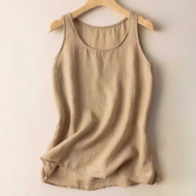 Ounisa Débardeur Sans Manches pour Femmes Col Rond Faux Coton Lin Couleur Unie Chandail Décontracté Mode Tendance m-3TG