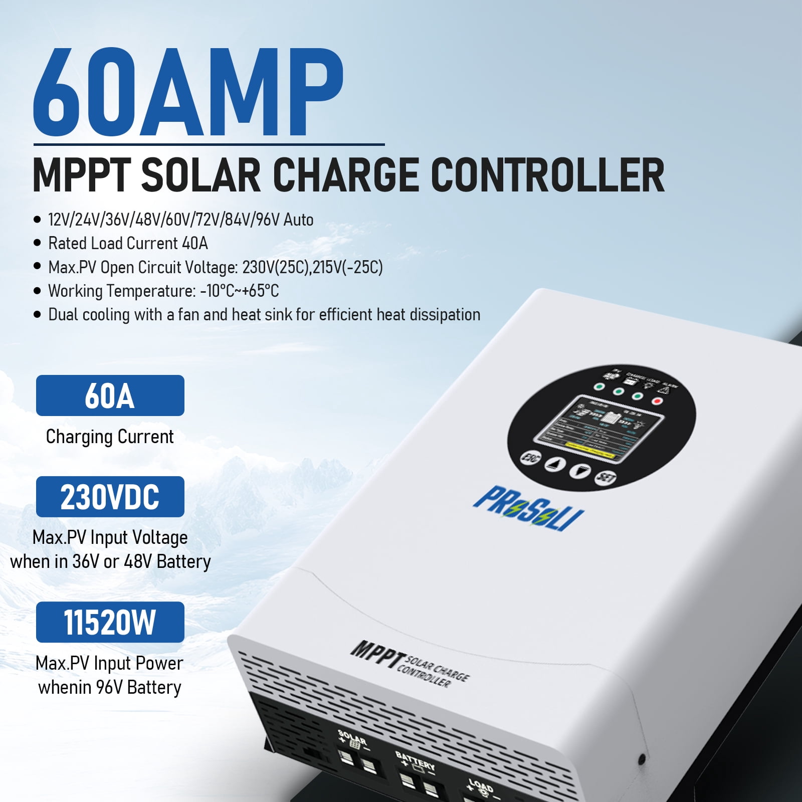 Prosoli 60A MPPT Solar Charge Controller,12V-96V Auto Regulator Max 230V PV Input for LiFePO4 Agm Gel Batteries off-Grid Solar