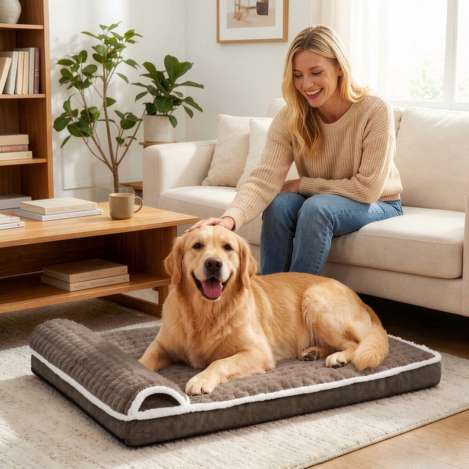 Exclusivo Mezcla Orthopedic Dog Bed with Head Pillow for Large Dogs, Removable and Machine-Washable Cover, 42"X28", Brown