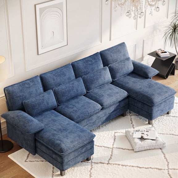 FIONA'S MAGIC Modern U-Shaped Sectional Sofa with Double Chaise & Movable Ottomans, 4-Seat Chenille Fabric Couch for Living Room, Blue