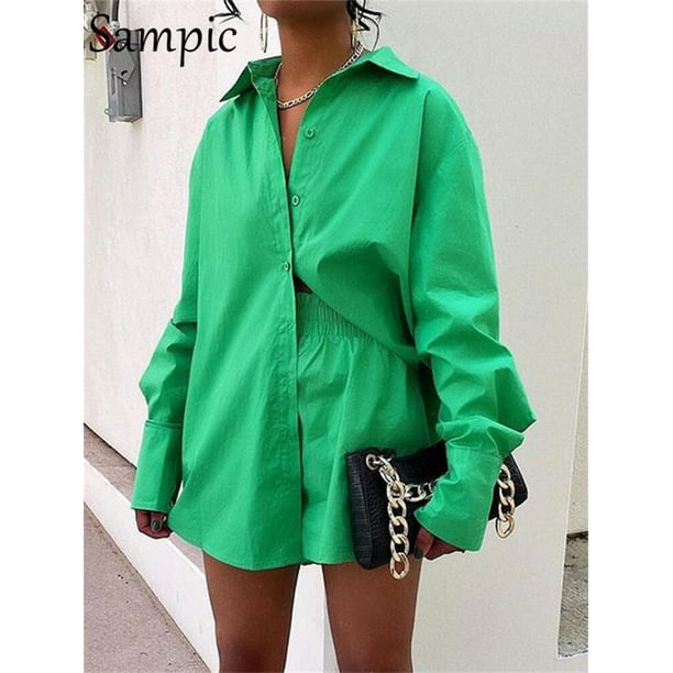 Sampic, traje azul para mujer, camisa holgada informal de manga larga 2022, Tops de verano y Mini pantalones cortos, chándal de moda, conjunto de dos piezas, trajes Tan Jianjun unisex