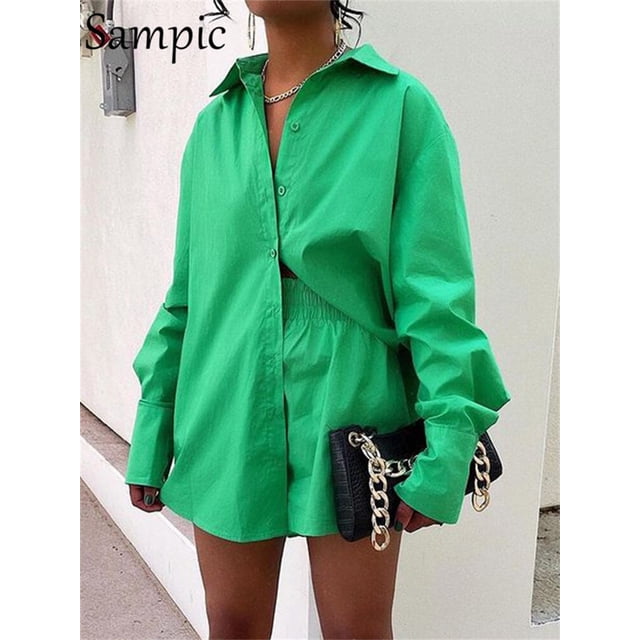 Sampic, traje azul para mujer, camisa holgada informal de manga larga 2022, Tops de verano y Mini pantalones cortos, chándal de moda, conjunto de dos piezas, trajes Tan Jianjun unisex