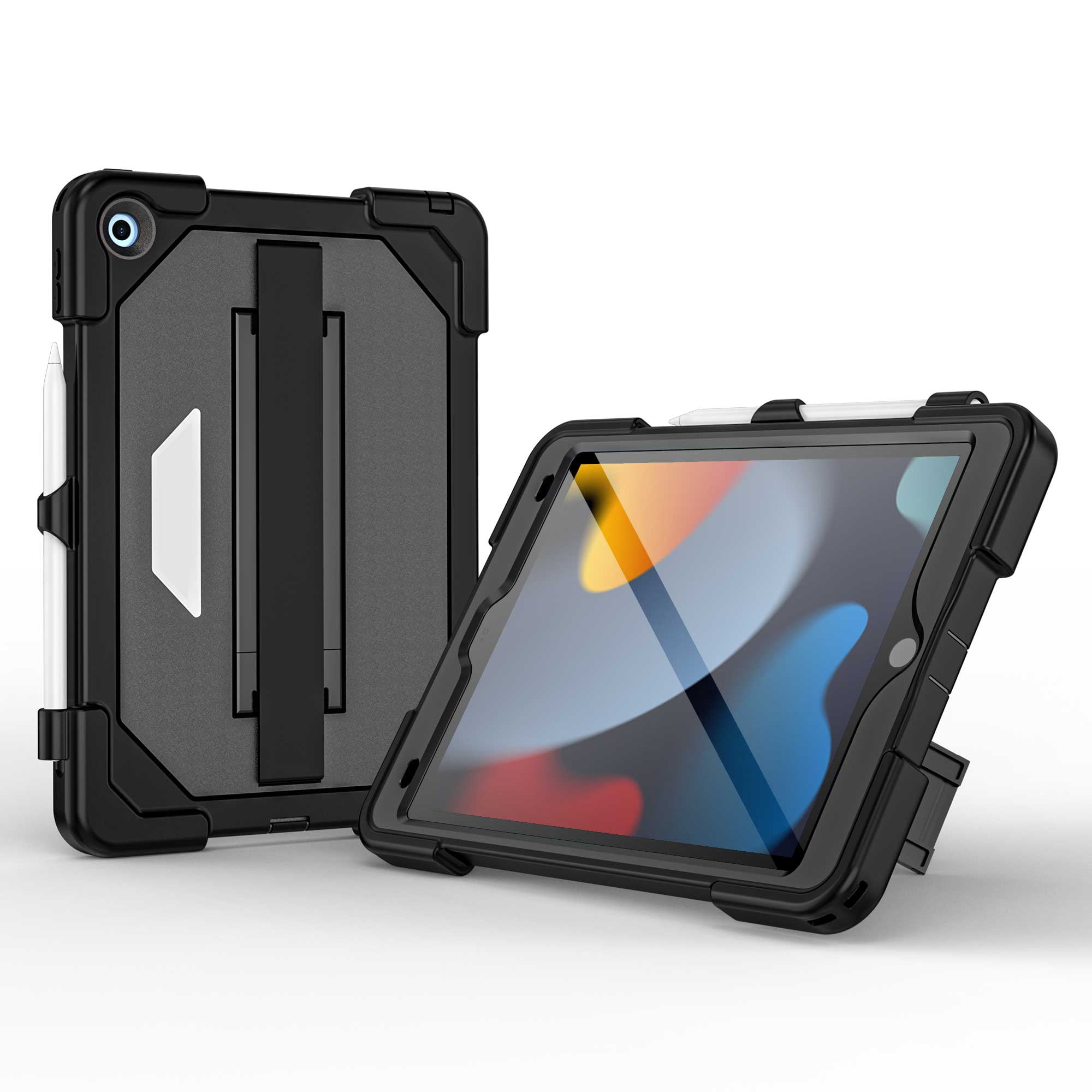 Dteck Full Body Protective Case for iPad 9th 8th 7th Generation,Shockproof TPU+PC Case Built-in Screen Protector Kickstand Hand Strap Cover with Pencil Holder for iPad 10.2" 2021/2020/2019,Black