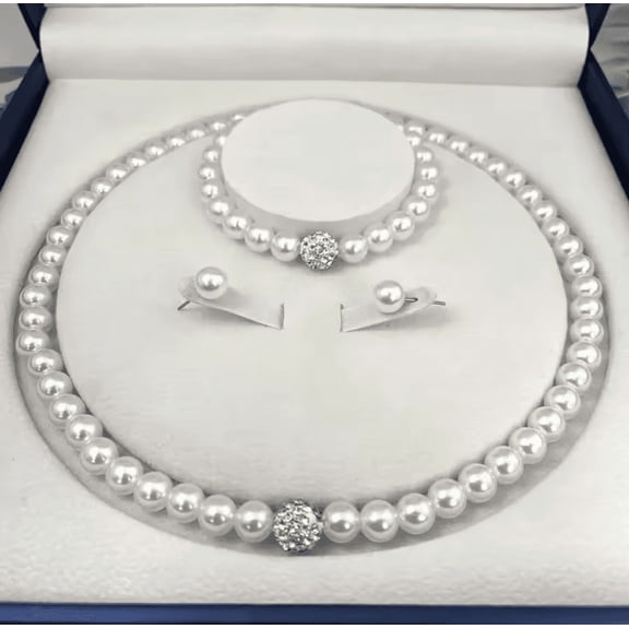 Round White, Imitation Pearl, Crystal Mixed Piece Jewelry Set, Necklace, Bracelet, Stud Earrings, 4-Piece
