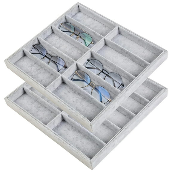 2 PCS Sunglasses Organizer Trays, 10 Grids Velvet Eyewear and Watch Holder, Stackable Drawer Display Tray for Women鈥檚 Accessories, Glasses Display Box for Closet, Dresser, Vanity