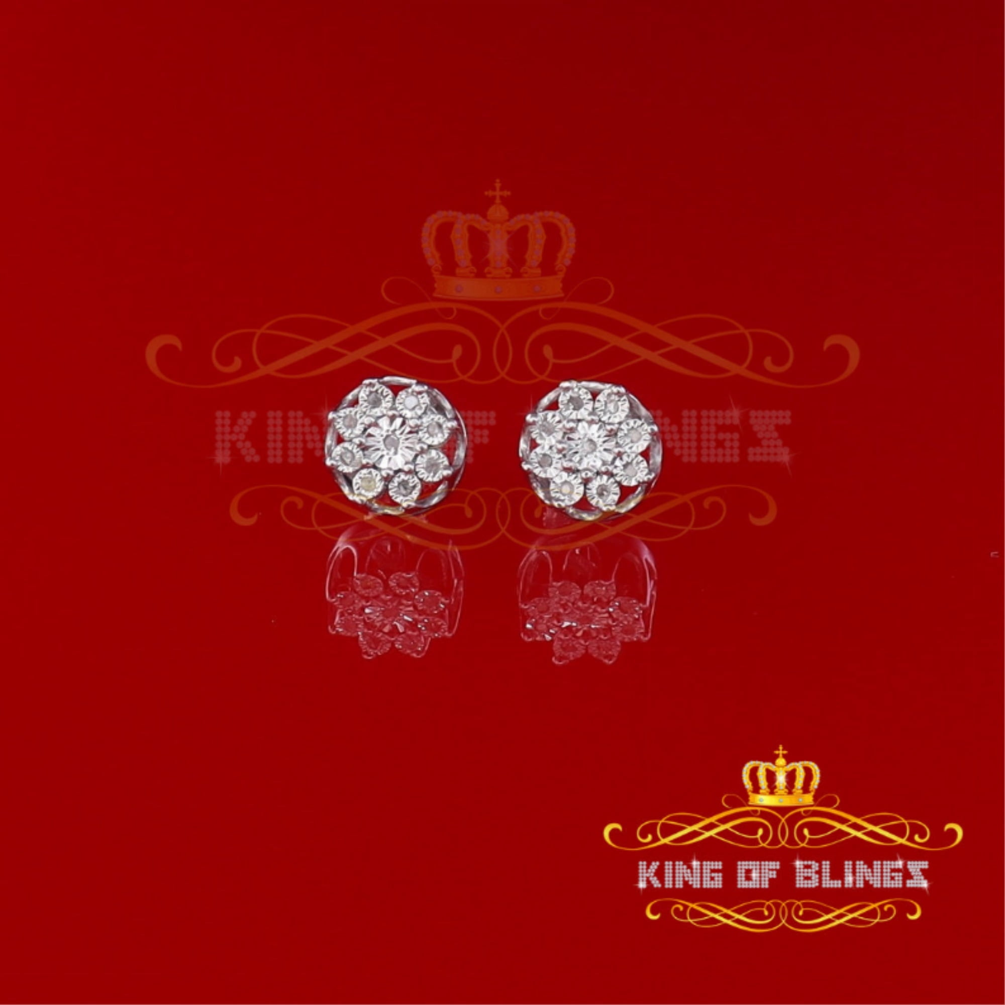 King of Bling's 925 Sterling Silver White 0.10ct Diamond For Men's/Women's Stud Floral Earrings