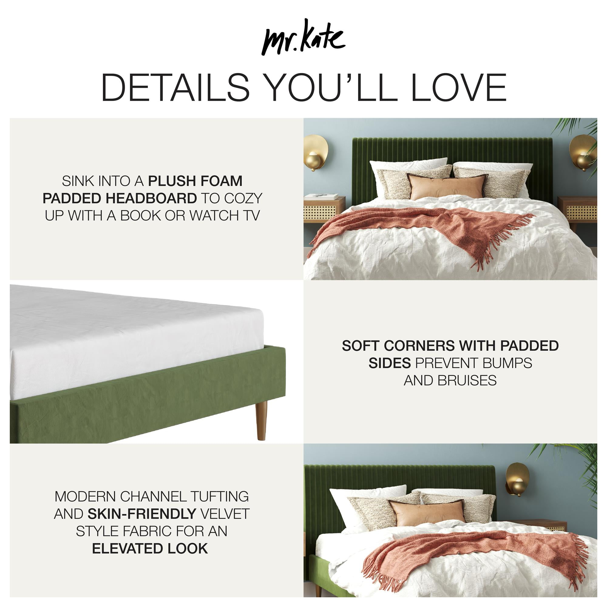 Mr. Kate Daphne Upholstered Bed with Vertical Channel Tufted Headboard, Queen, Olive Green Velvet