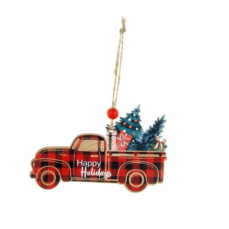 

Shulemin Wooden Christmas Pendant Color Drawing Anti-fade Ornament Lanyard Sturdy Scene Layout Merry Xmas Santa Claus Red Plaid Pickup Truck Pendant for Party
