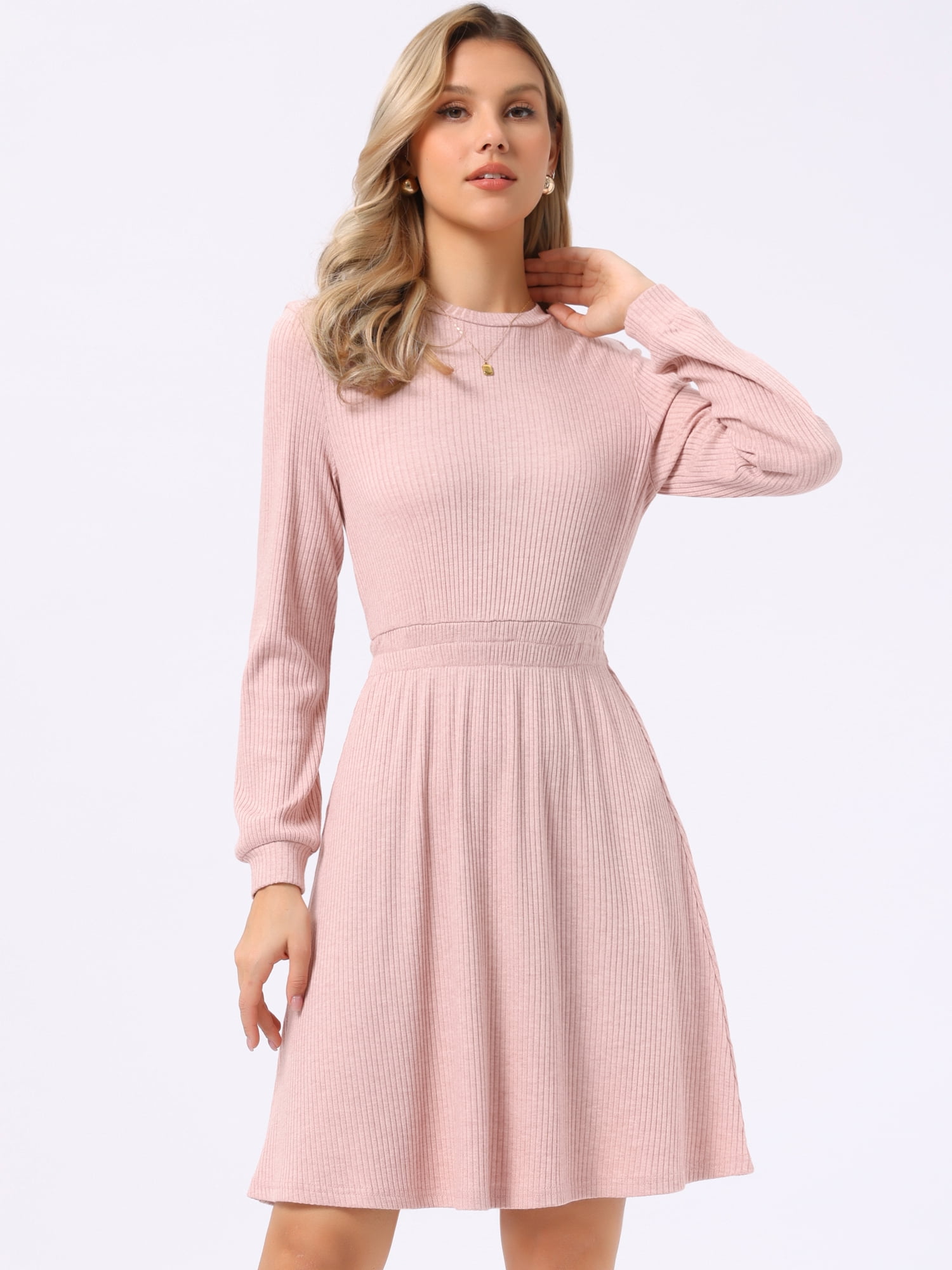 DARING DIVA Women's Long Sleeve Fall A-Line Ribbed Knit Crew Neck Dress M Pink