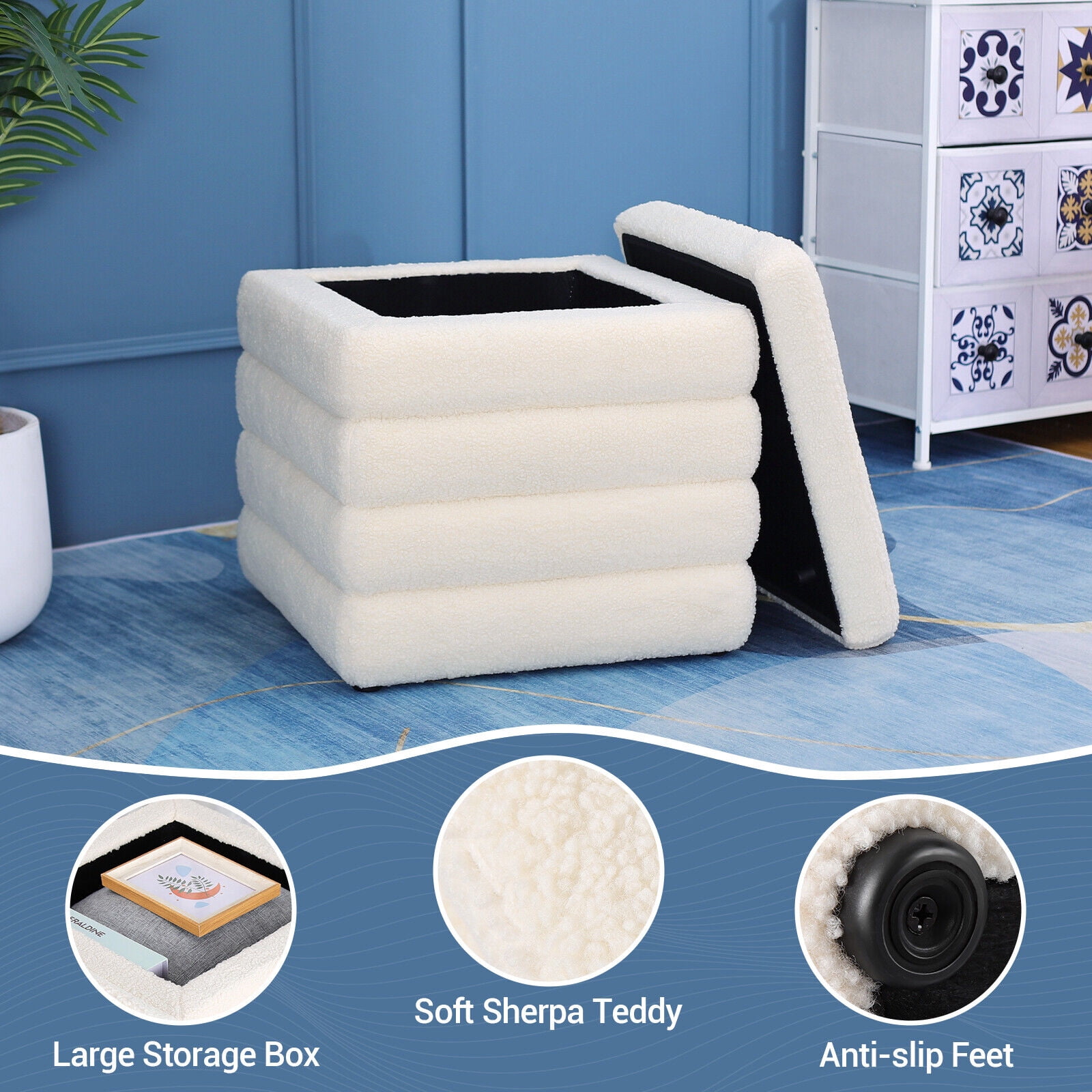 19" Square Storage Ottoman Sherpa Foot Rest Footstool Upholstered Storage Stool Seat White