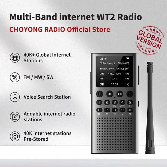 Choyong WT2 Multi-Band Smart Internet Radio WIFI/4G, AM/FM, and Portable Shortwave Radio Receiver with Professional/Business Global Intercom System with Long Range  Handheld Radio, Bluetooth