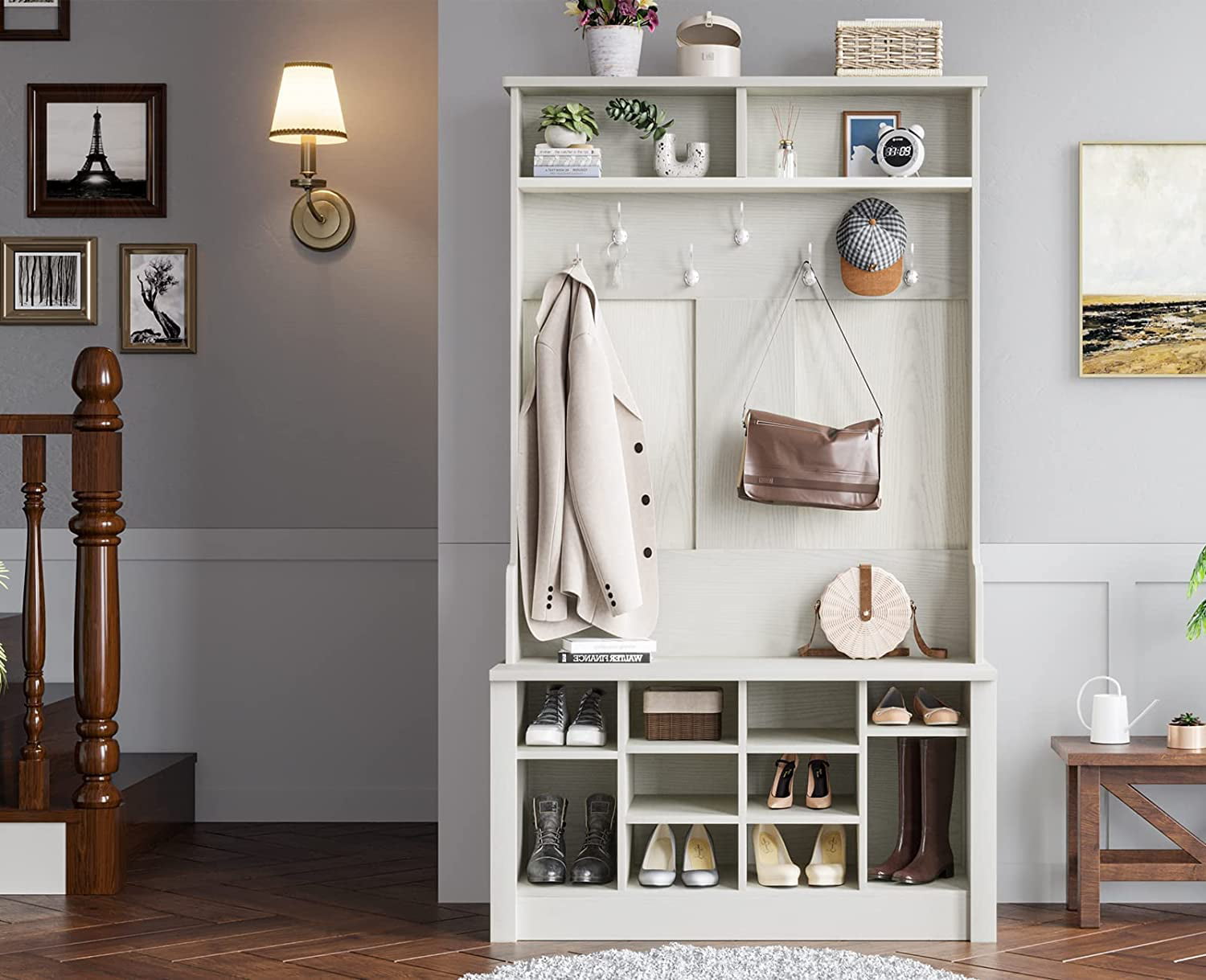 39.4 3-in-1 Design Hall Tree with 6 Hooks, Coat Hanger and Entryway  Storage Bench, White - ModernLuxe