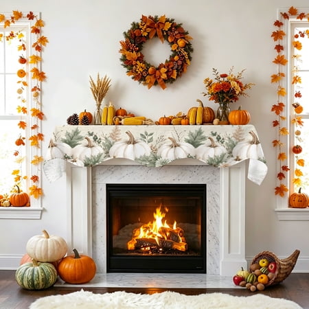 Thanksgiving Day Fireplace Mantel Scarf Fall Vintage White Pumpkins Green Berry Leaf Flower Mantel Scarf Scarves Fireplace Top Runner Cover for Holiday Party Home Decorations 90x17in