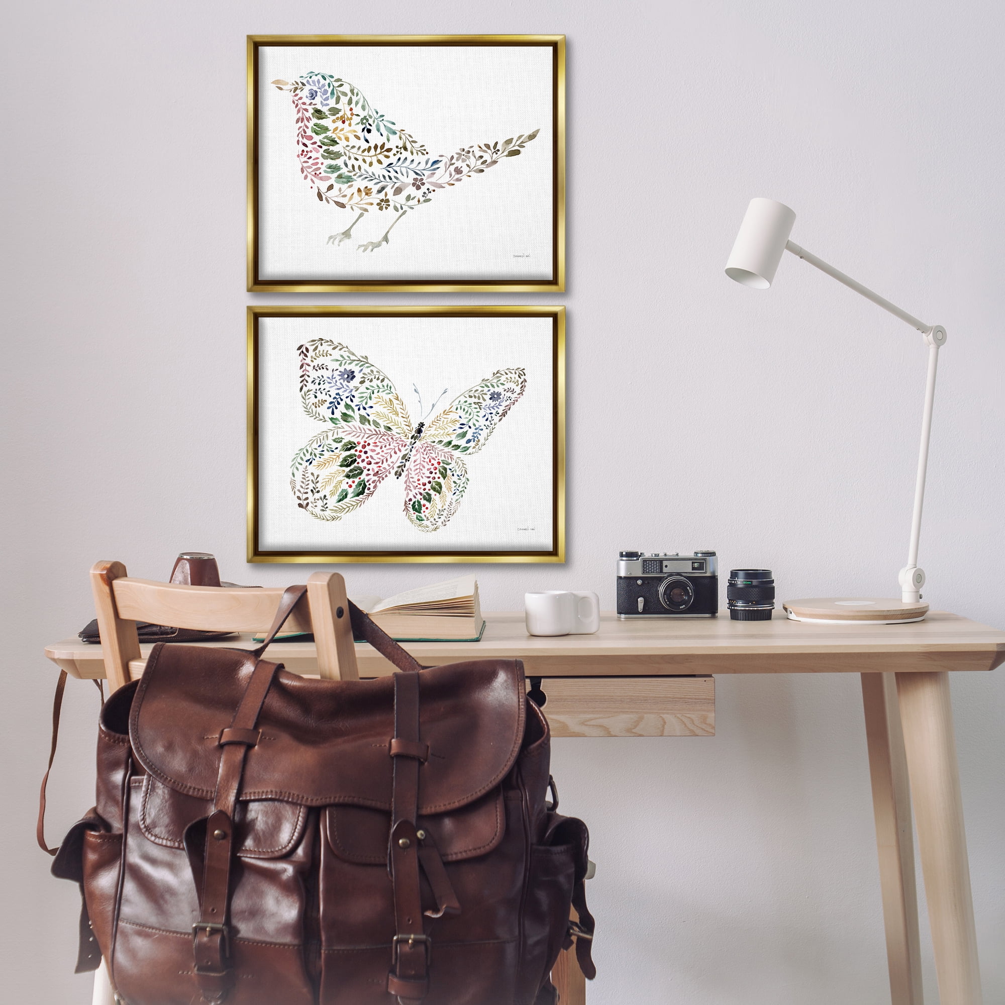 Stupell Industries Bird & Butterfly From Nature Animals Painting Gold Floater Framed Canvas Art Print Wall Art, 21 x 17, Set of 2