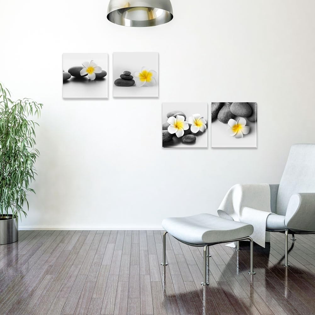 Black and White Zen Stone Wall Art Yellow Flower Picture Still Life Canvas Relaxing Painting Home Office Bathroom Decor