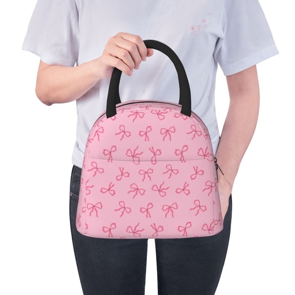 Ratiio Pink Bows Print Insulated Lunch Bag Women Reusable Lunch Box with Pocket for Work Picnic Travel