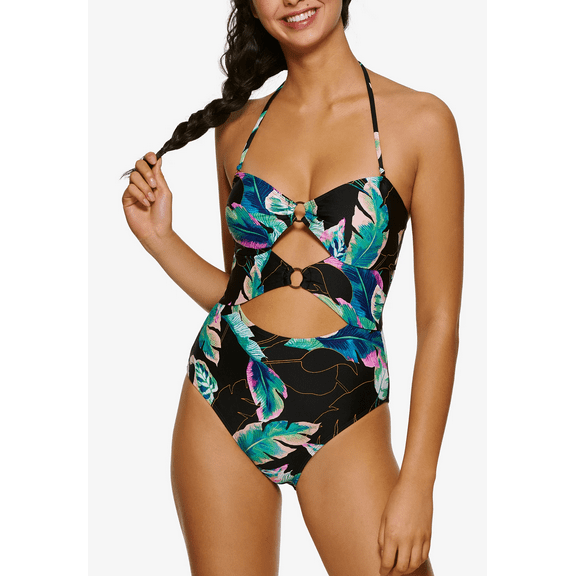 Hula Honey BLACK MULTI Twisted Palms Cutout One-Piece Swimsuit, US X-Small