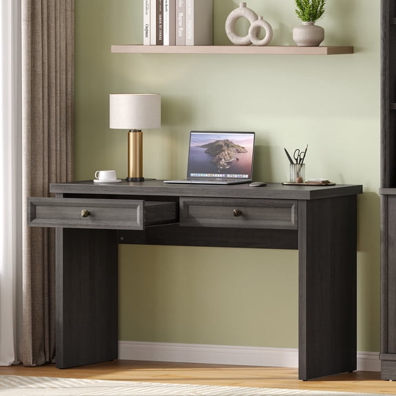 Bestier 47" Computer Desk with 2 Storage Drawers, Modern Farmhouse Writing Study PC Table, Ergonomic Spacious Workstation for Home Office Bedroom Dorm, Gray