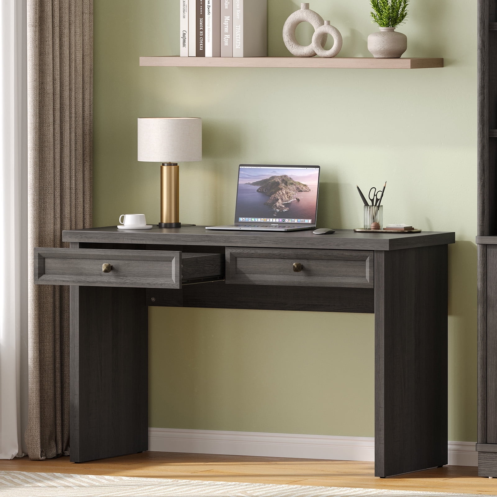 Bestier 47" Computer Desk with 2 Storage Drawers, Modern Farmhouse Writing Study PC Table, Ergonomic Spacious Workstation for Home Office Bedroom Dorm, Gray