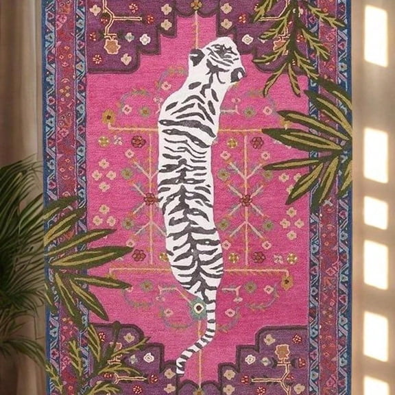 [Room Decor Rug]Pink Tiger Area Rug, Maximalist Jungle Statement Carpet, Boho Ecle