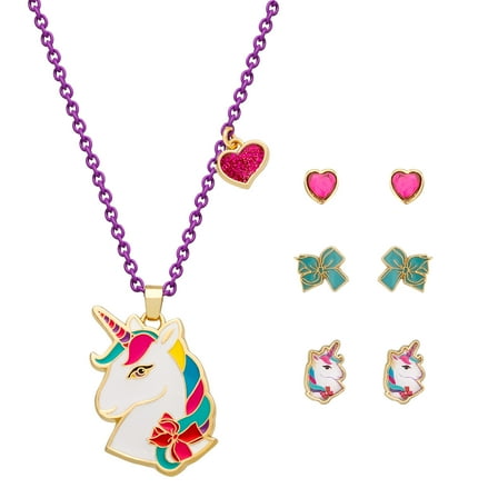 JoJo Siwa Jewelry Set - Unicorn Necklace and 3 Sets of Stud Earrings Gifts - Official License