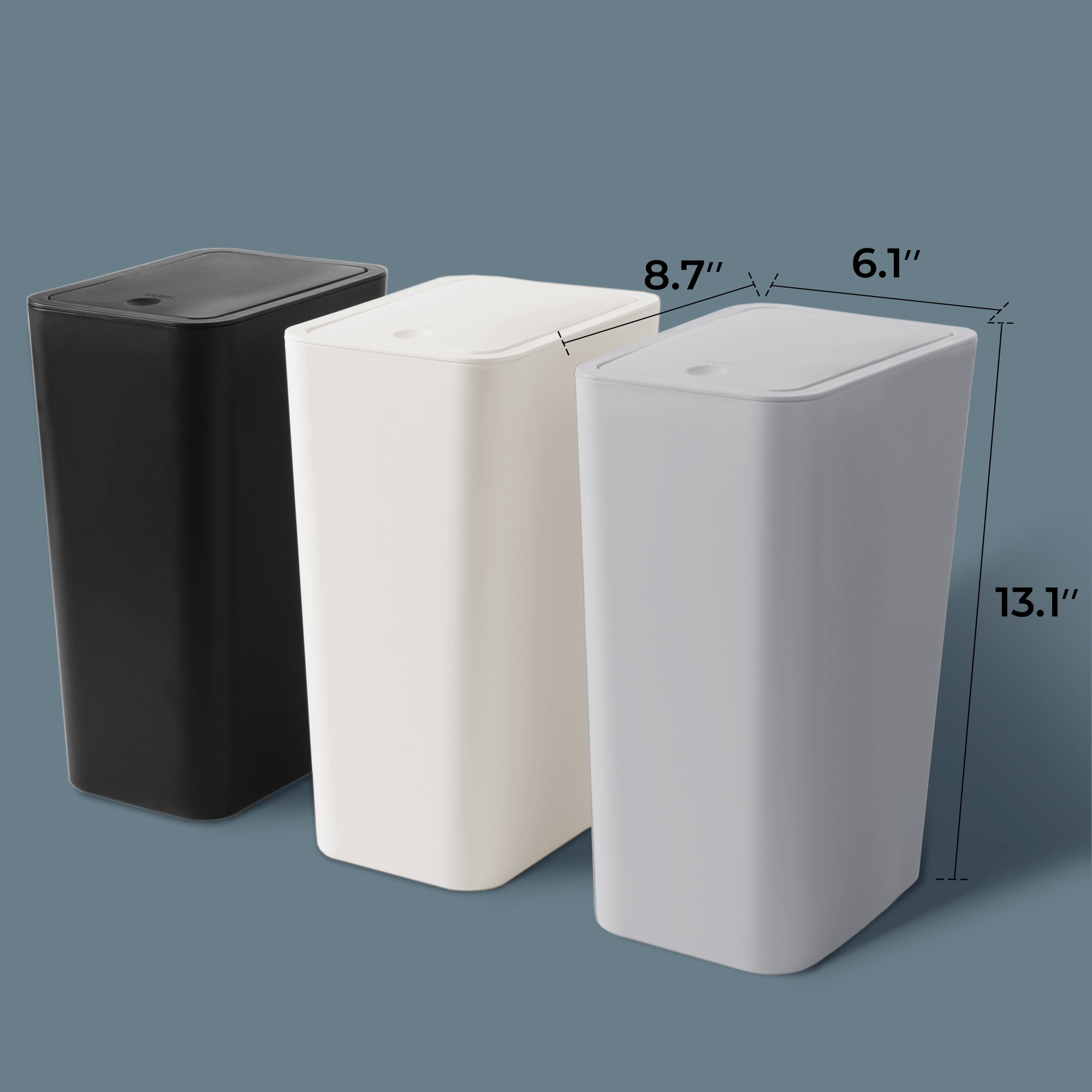 3 Pack Slim Plastic Trash Can, 2.6 Gallon Garbage Can with Press Top Lid, 10L Modern Waste Basket for Bathroom, Black White Gray
