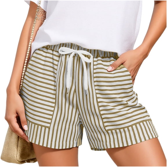 Aobny Striped Shorts Board Beach Womens Clothes Baggy High Waisted Casual Shorts,Khaki,L