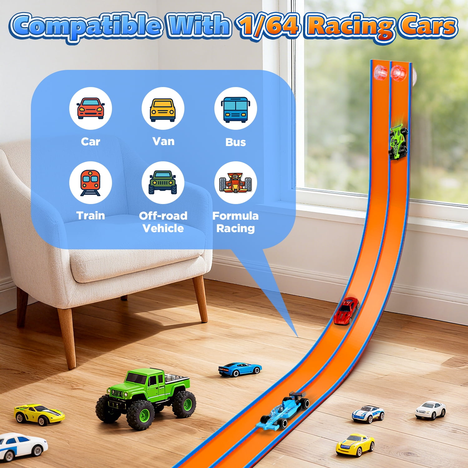 Beefunni 15FT Flexible Race Track for Kids, Bendable Track with Suction Cups, Portable & Foldable Indoor/Outdoor Toy, Compatible with Most 1:64 Toy Cars, Creative Gift for Boys & Girls