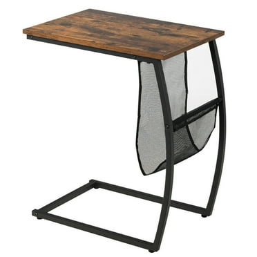Yardi Yard C-shaped Vintage End Table with Side Pocket and Metal Frame, Side Table, Chairside Table Narrow End Table for Bedroom Living Room Kitchen