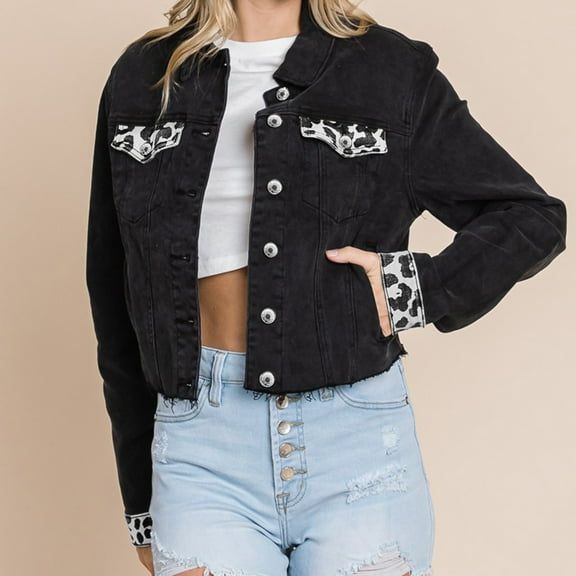 Usmixi Winter Womens Denim Jacket Womens Denim Coat Vintage Leopard Distressed Ripped Jean Jacket Coats Long Sleeve Button Down Lapel Short Denim Outerwear with Pocket Up to 65% off