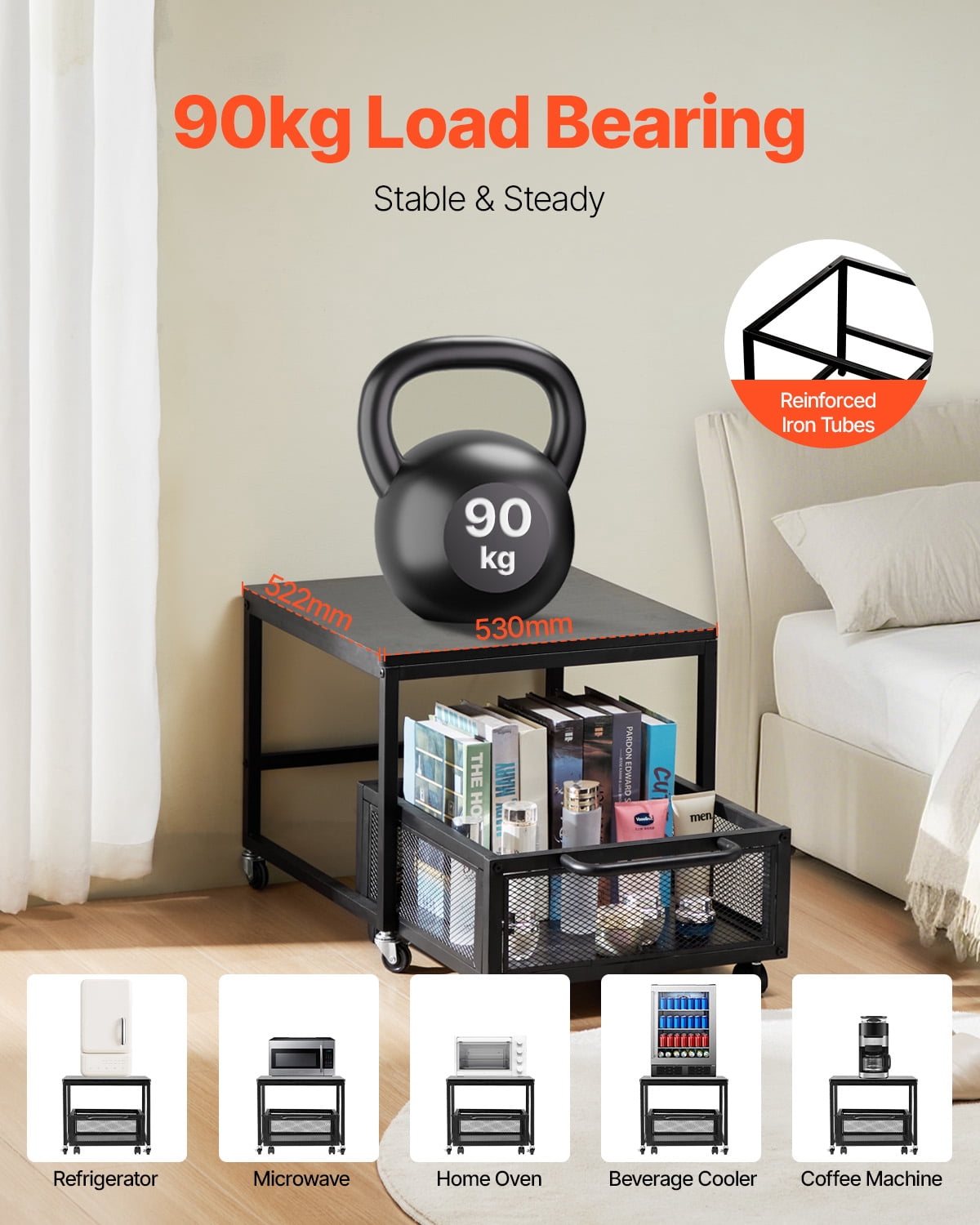 VEVOR Mini Fridge Stand with Storage,198 lbs Mini Fridge Table with Movable Storage Cart & Swivel Wheels, Beverage Refrigerator Stand for Coffee Bar, Mini Fridge Organizer for Office Home Dorm,Black