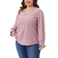 thumbnail image 4 of Agnes Orinda Women's Plus Size Tops Eyelet Hollow Out Notched V Neck Ruffle Long Sleeve Casual Tunic Blouses 1X Gray Pink, 4 of 6