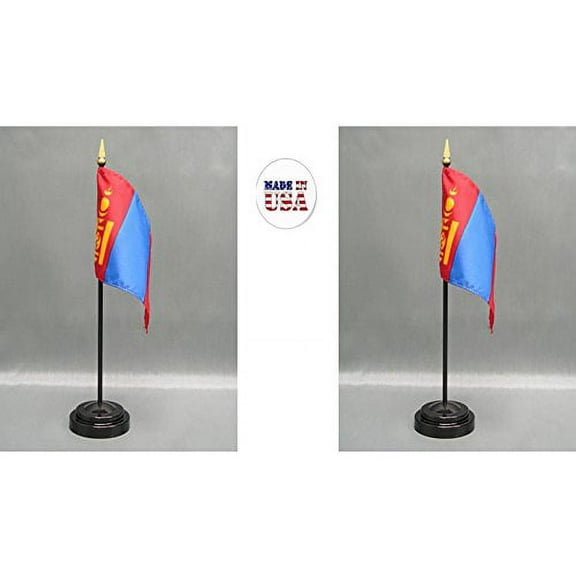 Made in The USA. 2 Mongolia Rayon 4"x6" Miniature Office Desk & Little Hand Waving Table Flags Includes 2 Flag Stands & 2 Small Mini Mongolian Stick Flags