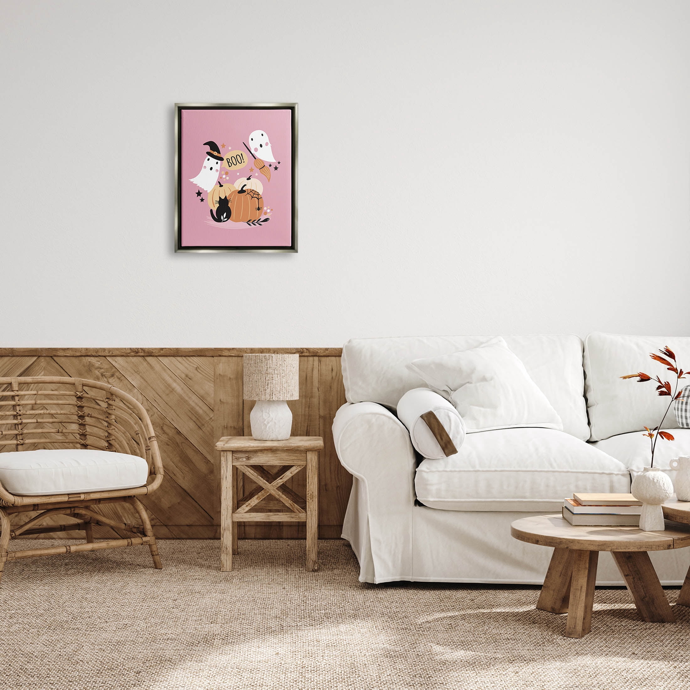 Pink Boo Halloween Ghosts Holiday Graphic Art Luster Gray Framed Art Print Wall Art