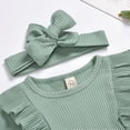 thumbnail image 2 of 3pcs Newborn Infant Baby Girl Clothes Solid Color Ribbed Long Sleeve Romper Pants Headband Outfits Set,Green,0-6 Months, 2 of 5