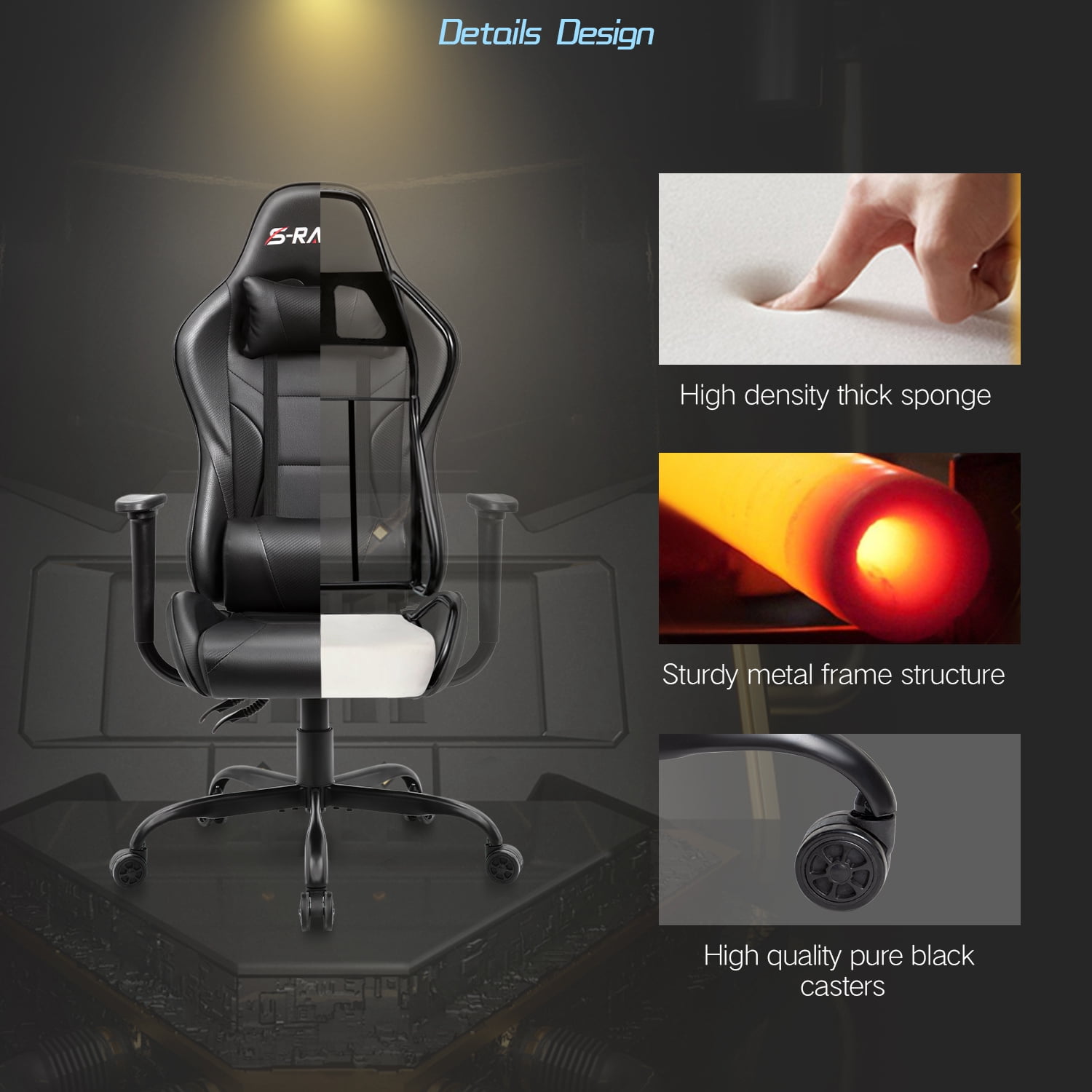 Lacoo Gaming Chair in Home Office PU Leather Reclining Gaming Chair Adjustable Adjustable Headrest and Lumbar Pillow, Black