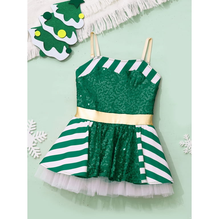 DPOIS Kids Girls Christmas Candy Cane Costume Sleeveless Tutu Dress Green-A  12 - Walmart.com